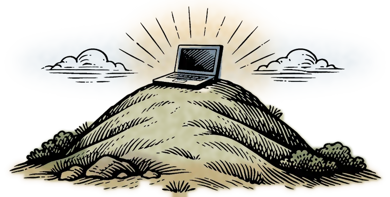 Hand-coloured engraving of a laptop shining on top of a green hill, with clouds and bushes around.