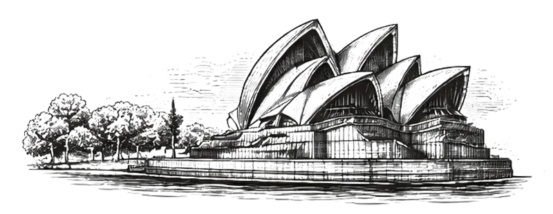 Black and white sketch of the Sydney Opera House with surrounding trees and waterfront.