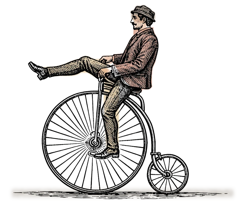 Vintage illustration of a man in a suit and hat riding a penny-farthing bicycle with one leg extended forward.